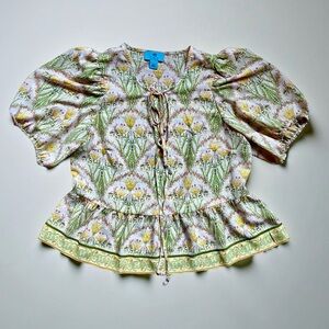 CeCe Green and Cream Floral Blouse